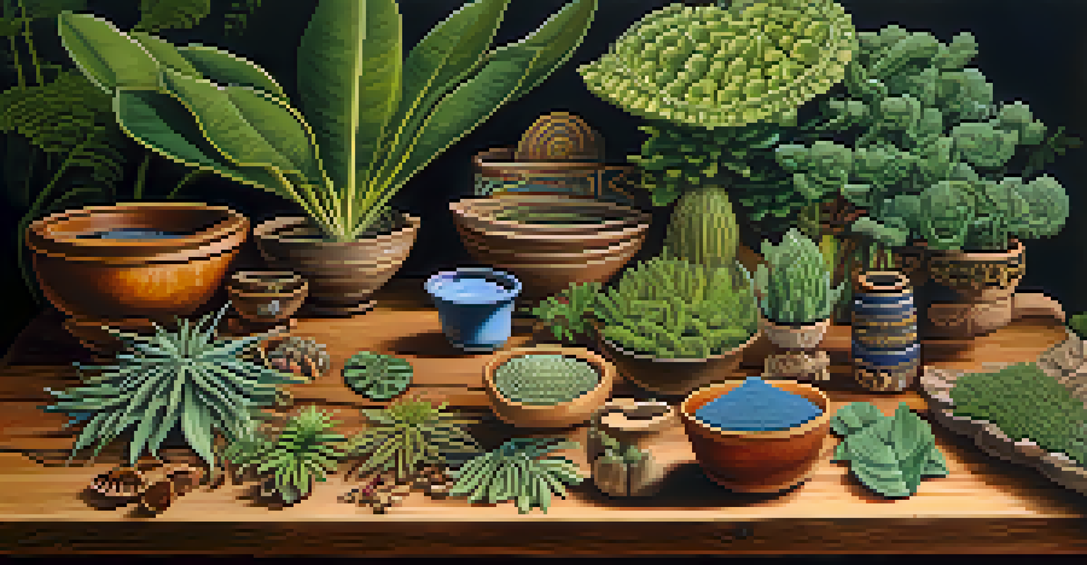 A rustic wooden table displaying various entheogenic plants with Indigenous art in the background, showcasing cultural heritage.