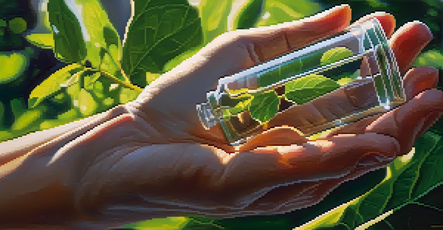 Close-up of hands holding a glass vial with a natural entheogen, set against a backdrop of lush greenery and dappled sunlight.