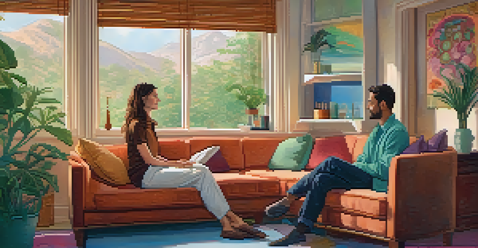 A therapist and a patient in a cozy therapy room, engaged in conversation during a psychedelic therapy session.