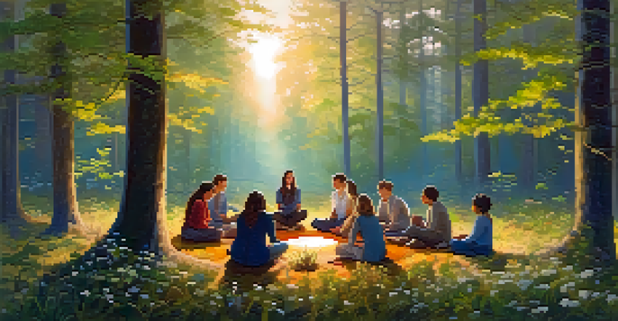 A diverse group of people sitting in a circle in a forest at dawn, sharing and connecting with each other amidst soft golden light and colorful wildflowers.