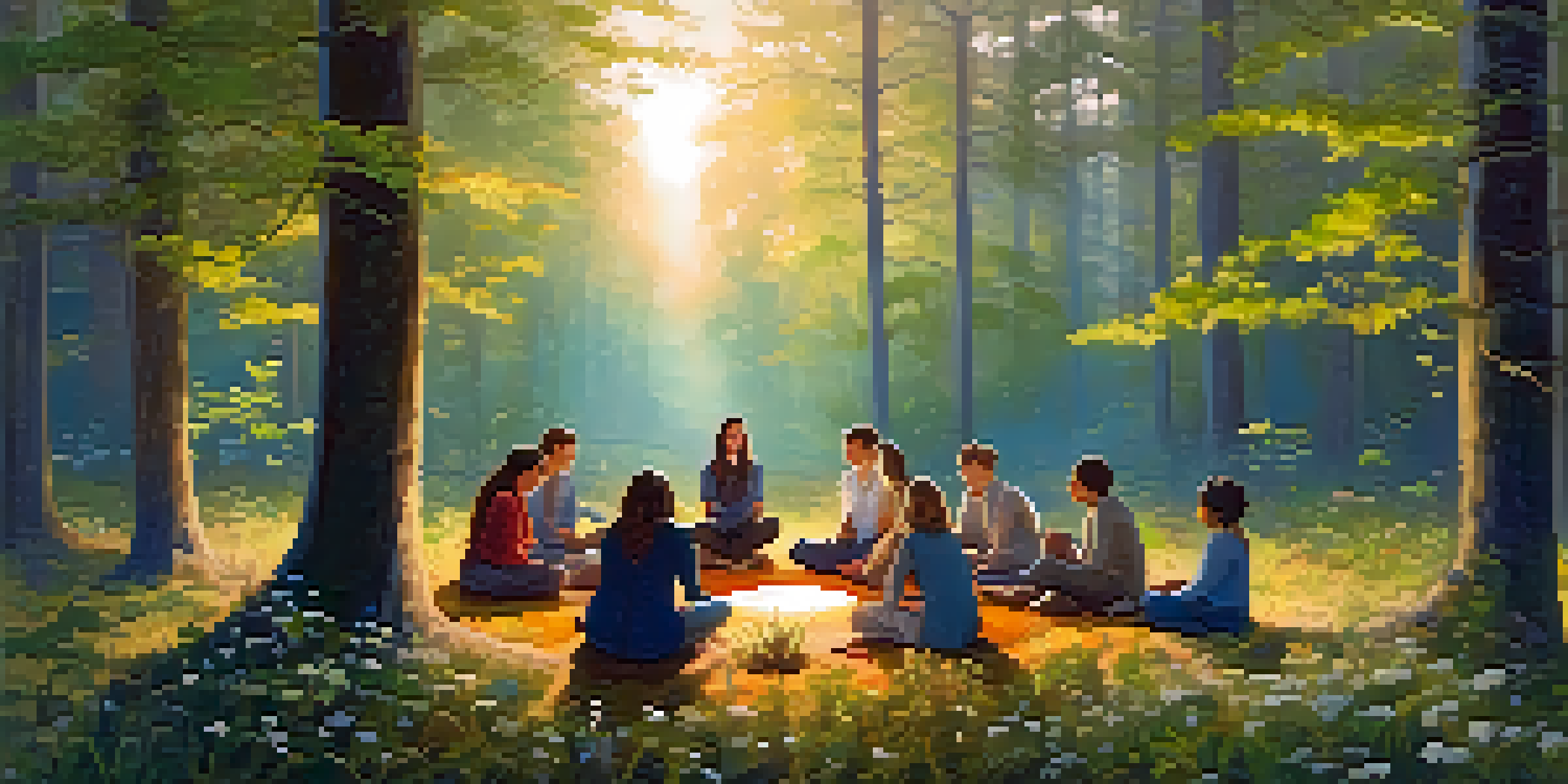 A diverse group of people sitting in a circle in a forest at dawn, sharing and connecting with each other amidst soft golden light and colorful wildflowers.