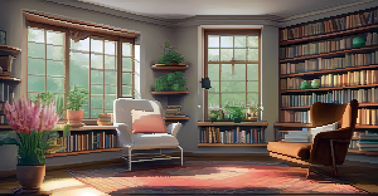 A warm therapy room with an armchair, ambient lighting, and a view of a blooming garden.