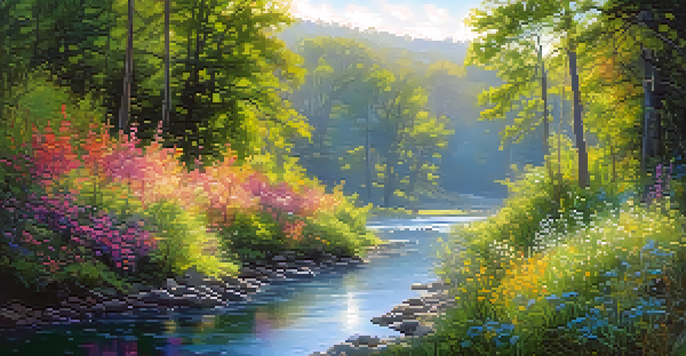 A tranquil river meandering through a colorful forest with sunlight and mist.