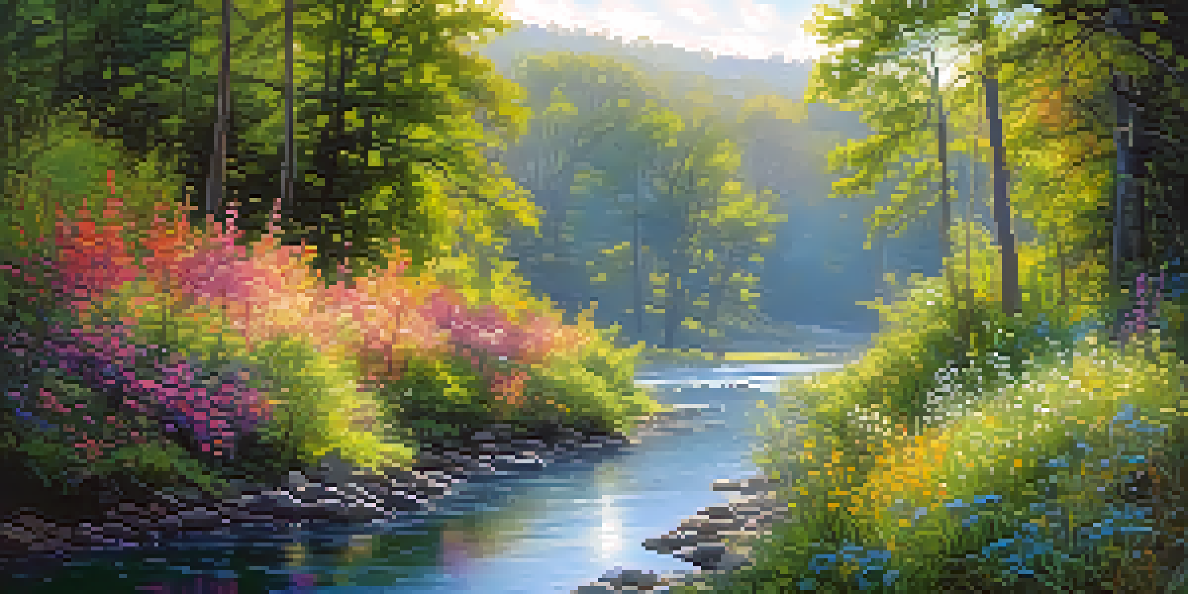 A tranquil river meandering through a colorful forest with sunlight and mist.