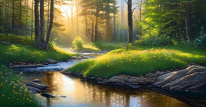 A peaceful forest scene at sunrise, with golden light, wildflowers, and a stream.