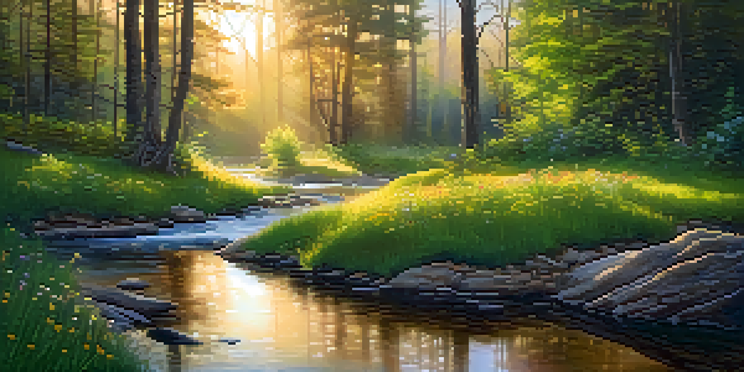 A peaceful forest scene at sunrise, with golden light, wildflowers, and a stream.