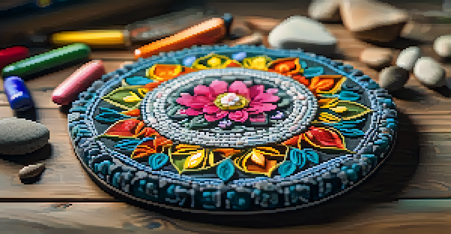 A colorful mandala made of flowers, leaves, and stones on a wooden table, with sunlight filtering through trees in the background.
