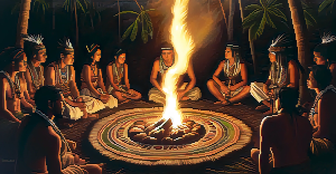 A group of people participating in an Amazonian shamanic ceremony around a fire, with a shaman singing and holding a cup of ayahuasca.