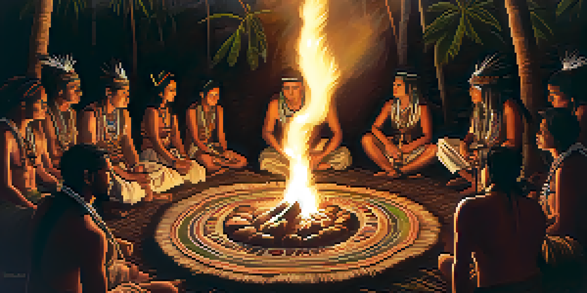 A group of people participating in an Amazonian shamanic ceremony around a fire, with a shaman singing and holding a cup of ayahuasca.