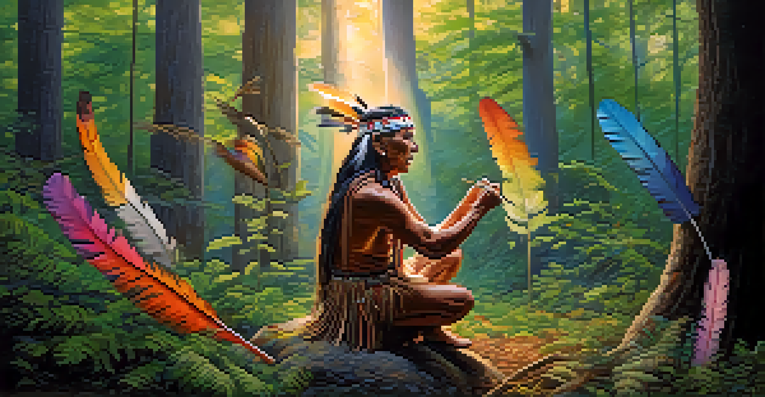 A Native American elder performing a ritual in a vibrant forest at dawn, surrounded by nature.