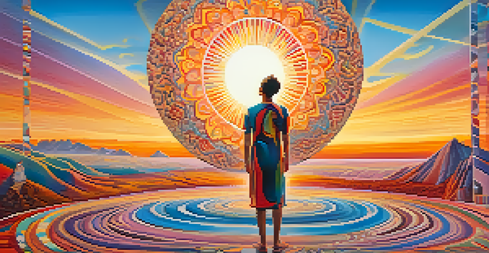 A surreal landscape with swirling colors, geometric shapes, and a figure with arms outstretched against a colorful sunset.