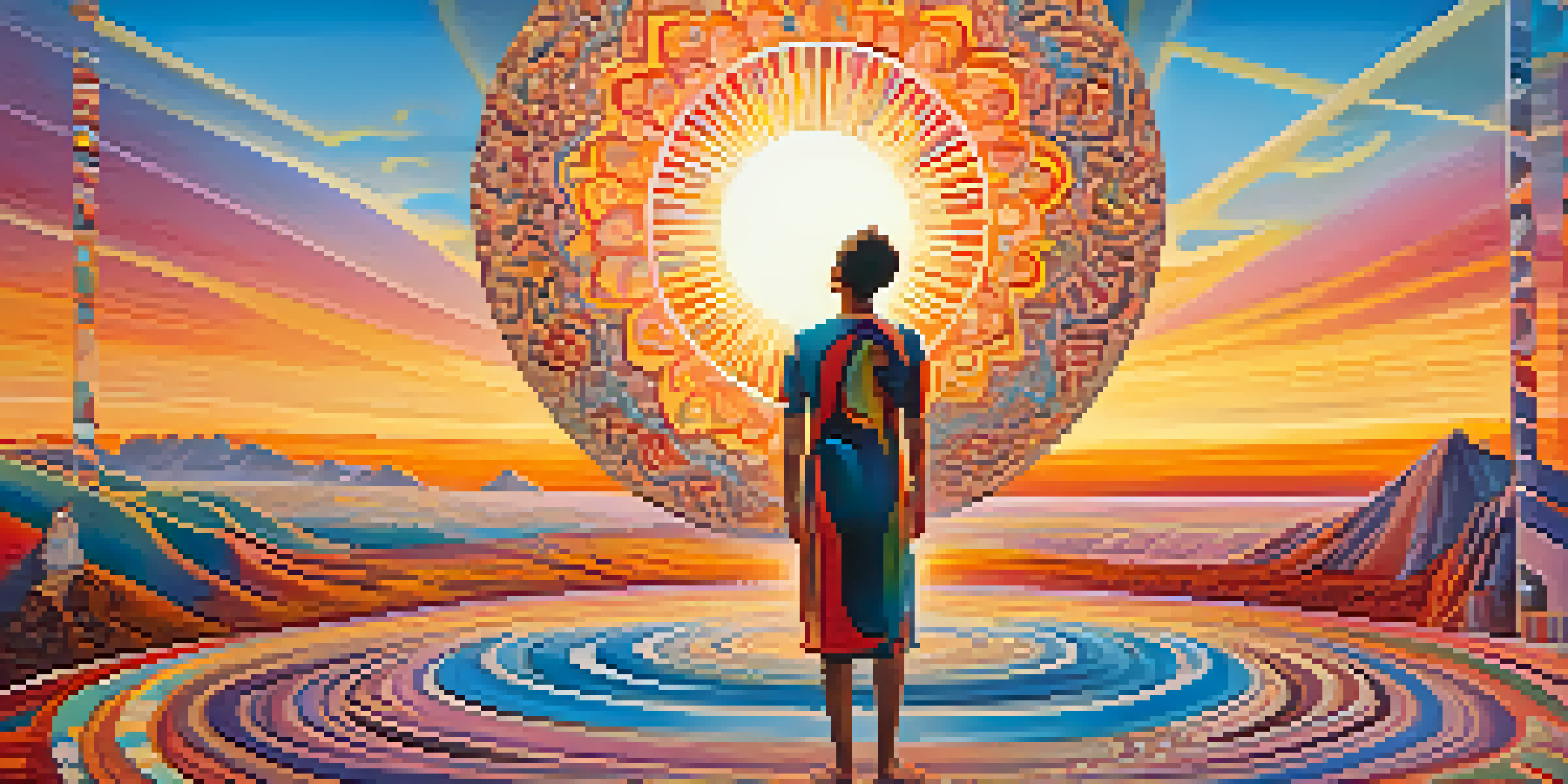 A surreal landscape with swirling colors, geometric shapes, and a figure with arms outstretched against a colorful sunset.