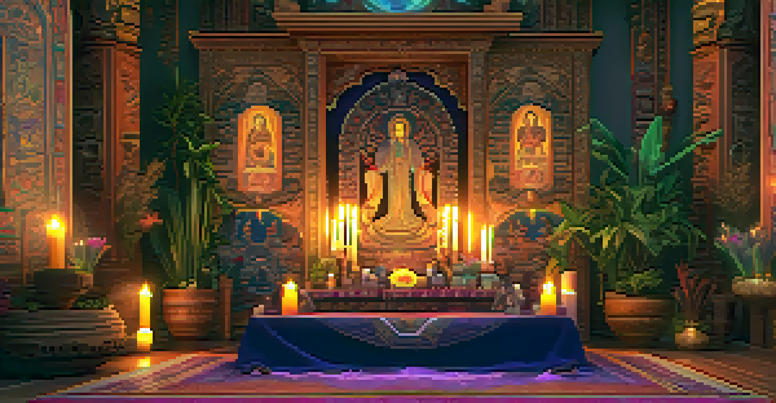 A beautifully arranged altar in a cozy room with candles and plants.