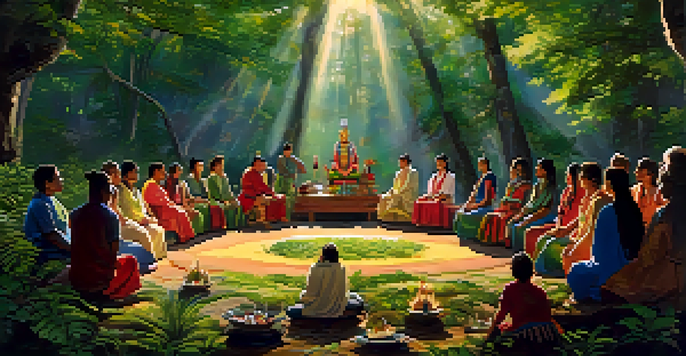 A diverse group of people participating in a shamanic ceremony in a sunlit forest, surrounded by greenery and colorful flowers.