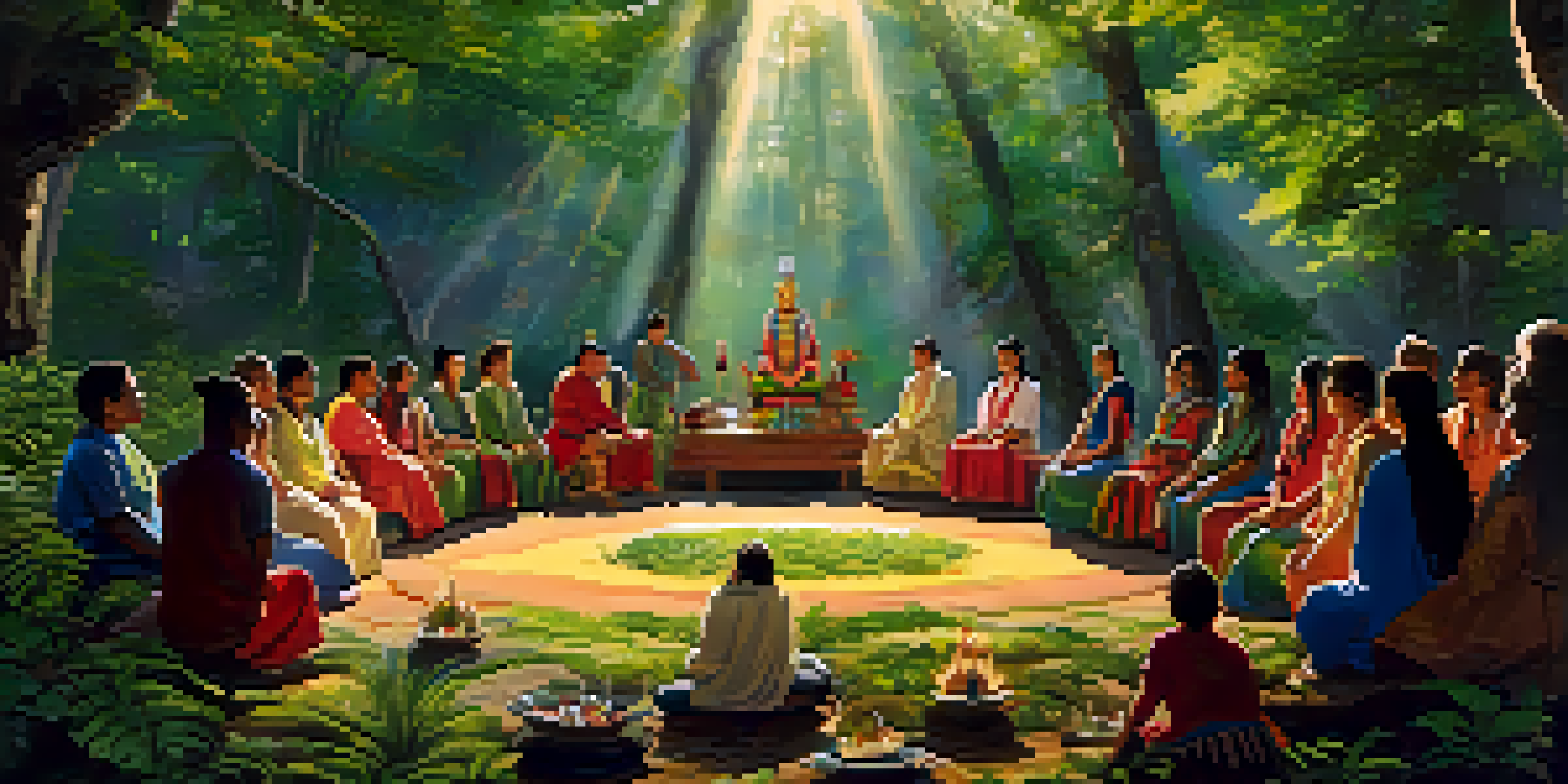 A diverse group of people participating in a shamanic ceremony in a sunlit forest, surrounded by greenery and colorful flowers.