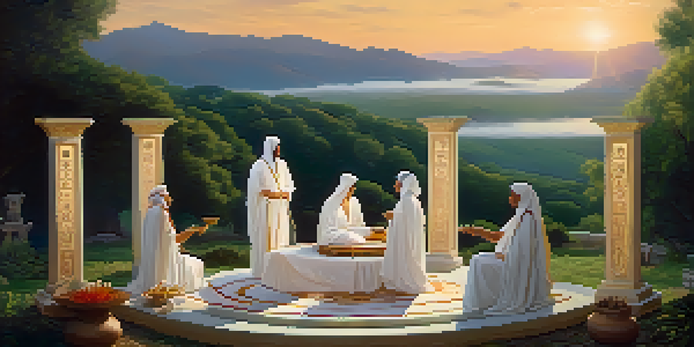 An ancient Greek ritual scene with participants in white robes around a decorated altar in a lush valley at sunset.