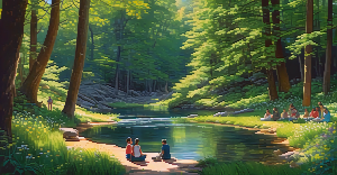 A peaceful river in a forest with individuals meditating in a circle, surrounded by flowers.