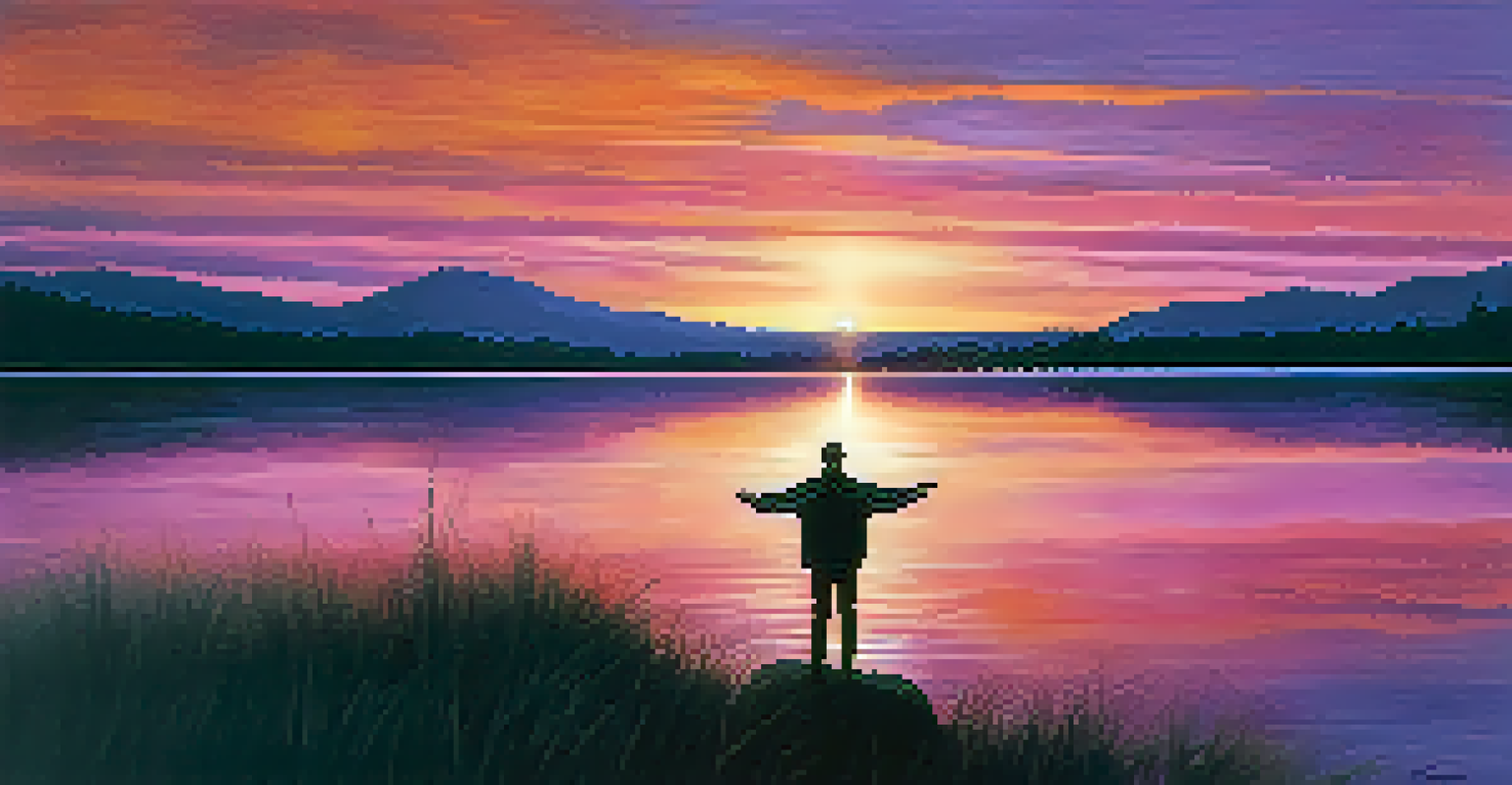 A silhouette of a person standing by a lake at sunset, arms raised towards the colorful sky, reflecting peace and spiritual connection.