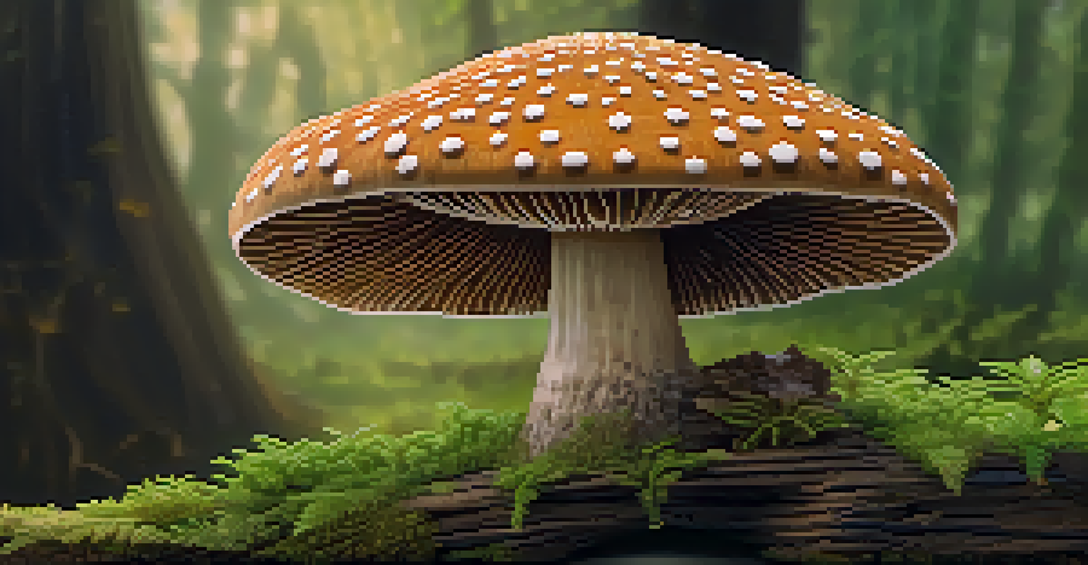 A close-up of a psilocybin mushroom on a wooden surface, illuminated by warm light, with blurred green foliage in the background.