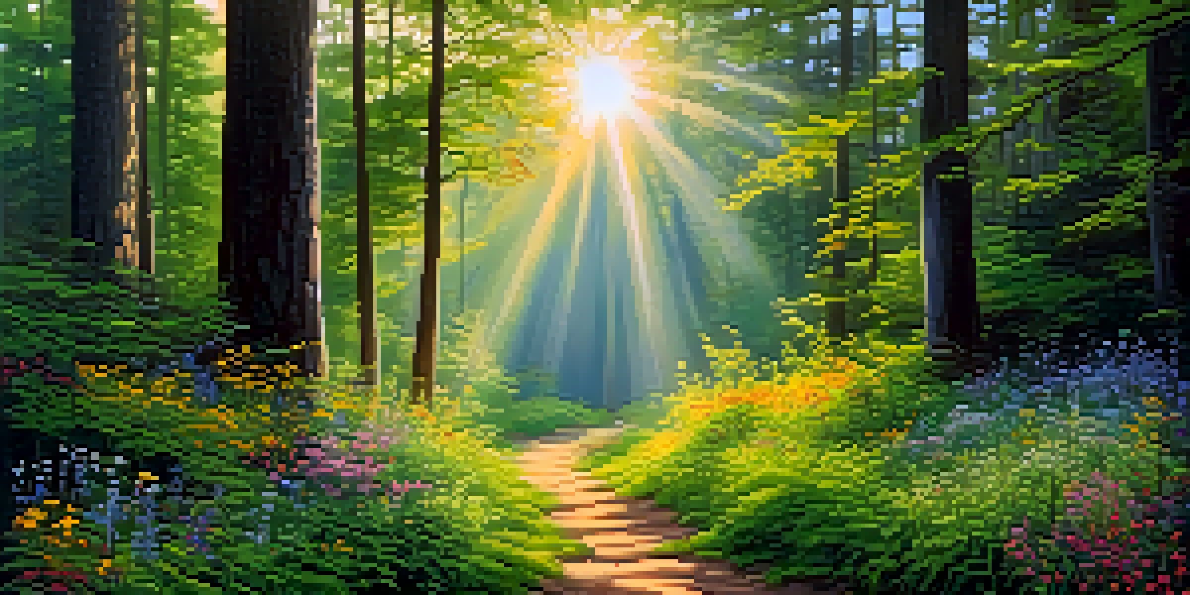 A peaceful forest at dawn with sunlight shining through trees and a winding path.