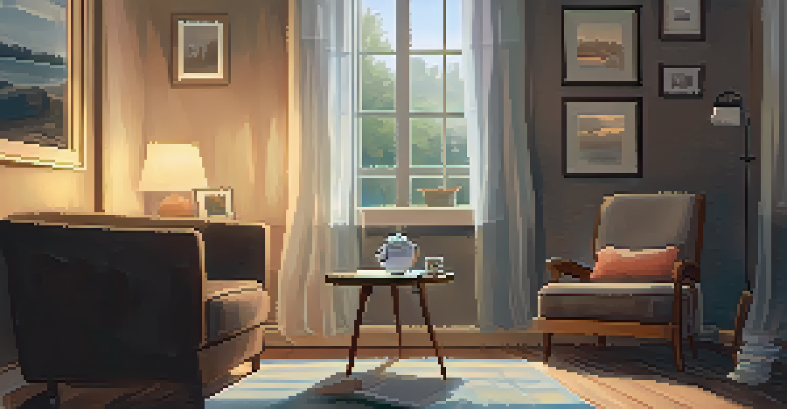 A cozy indoor space with a chair by a window, a journal, and a cup of tea, illuminated by warm ambient light.