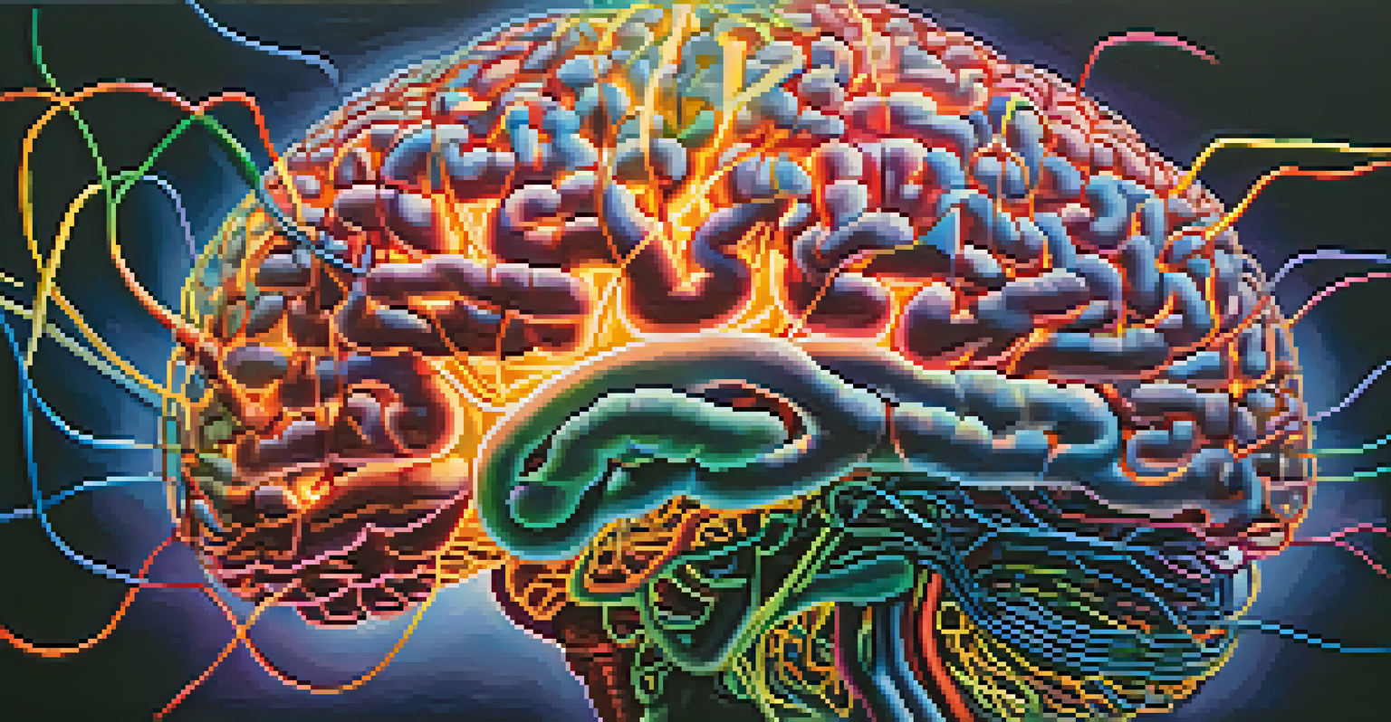 An abstract illustration of the brain's neural pathways, glowing with vibrant colors against a dark background, representing altered consciousness.