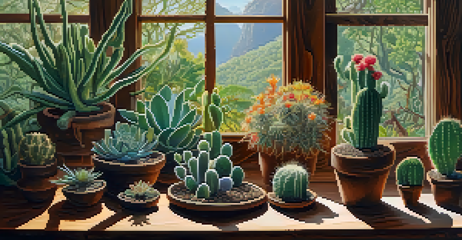 A rustic wooden table with an artistic display of peyote cacti and ayahuasca vines illuminated by gentle sunlight.