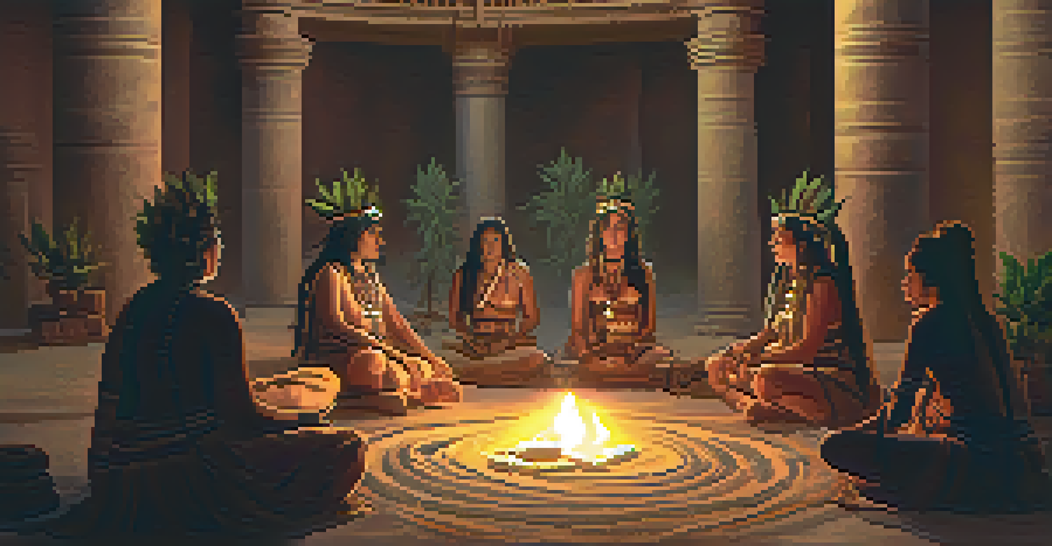 Indigenous people in a candlelit circle, sharing cannabis in a traditional ceremony.