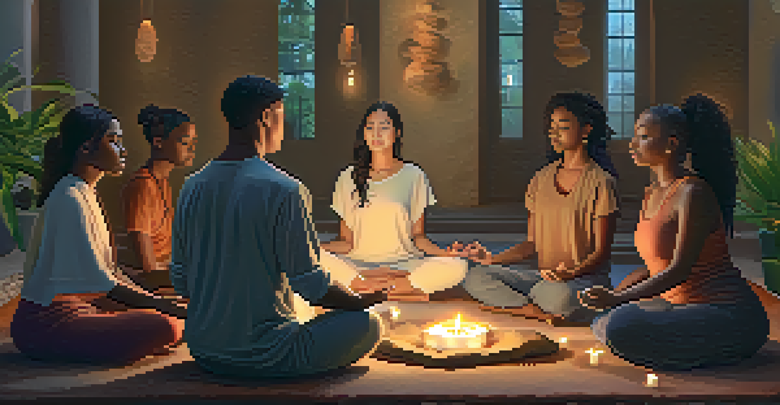 Diverse individuals engaged in a guided meditation session surrounded by natural elements, creating a calming and respectful atmosphere.