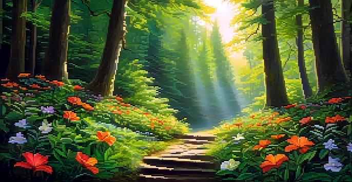 A peaceful forest scene with sunlight shining through the trees, featuring a wooden altar decorated with flowers and candles.