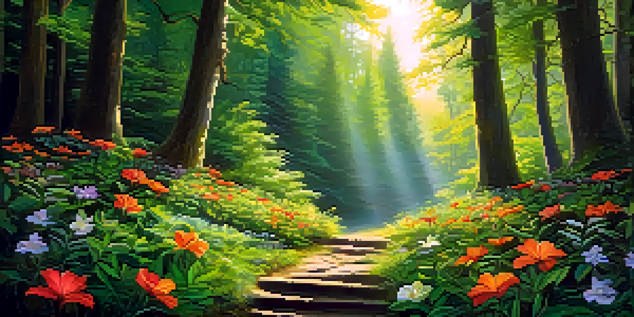 A peaceful forest scene with sunlight shining through the trees, featuring a wooden altar decorated with flowers and candles.