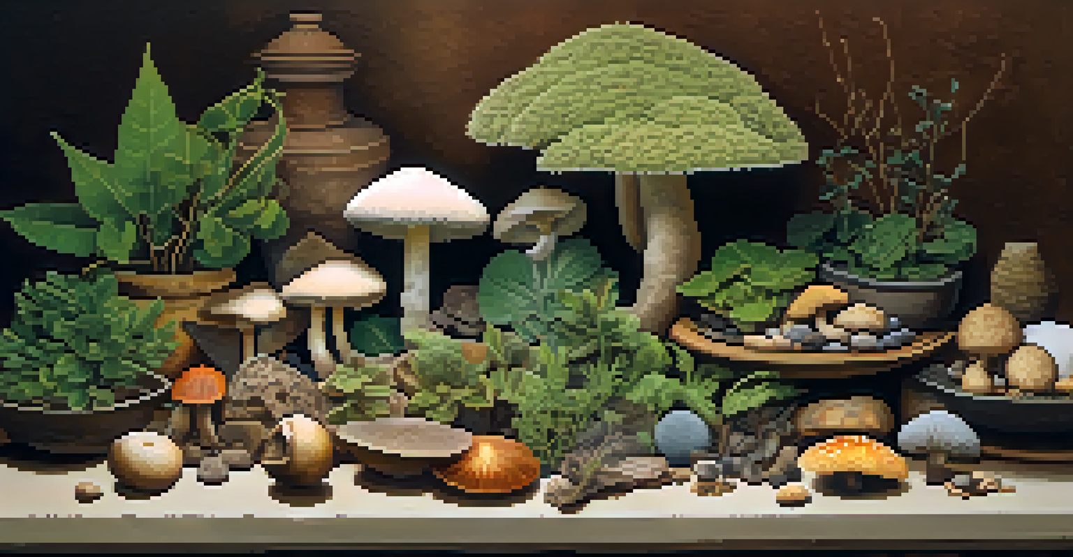 Close-up of a table arranged with various entheogenic plants and fungi, surrounded by natural elements like stones and leaves.