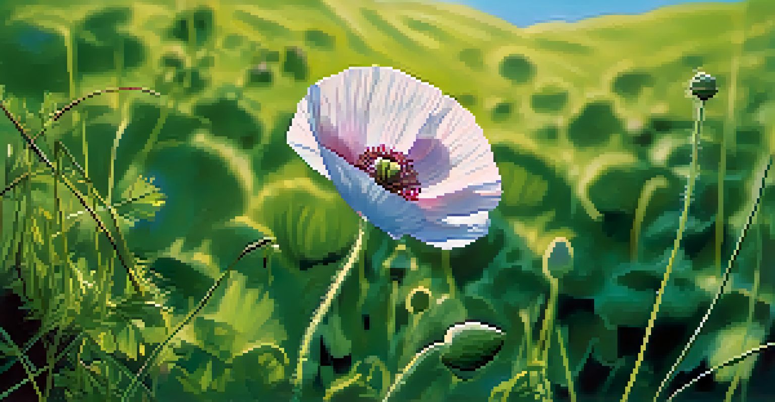 A close-up of an opium poppy flower in a green field under a blue sky, showcasing its vibrant petals.