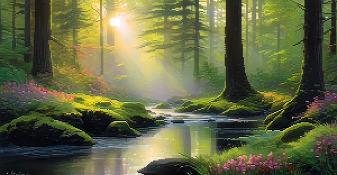 A peaceful forest during dawn with sunlight filtering through trees, moss on the ground, wildflowers, and a gentle stream.