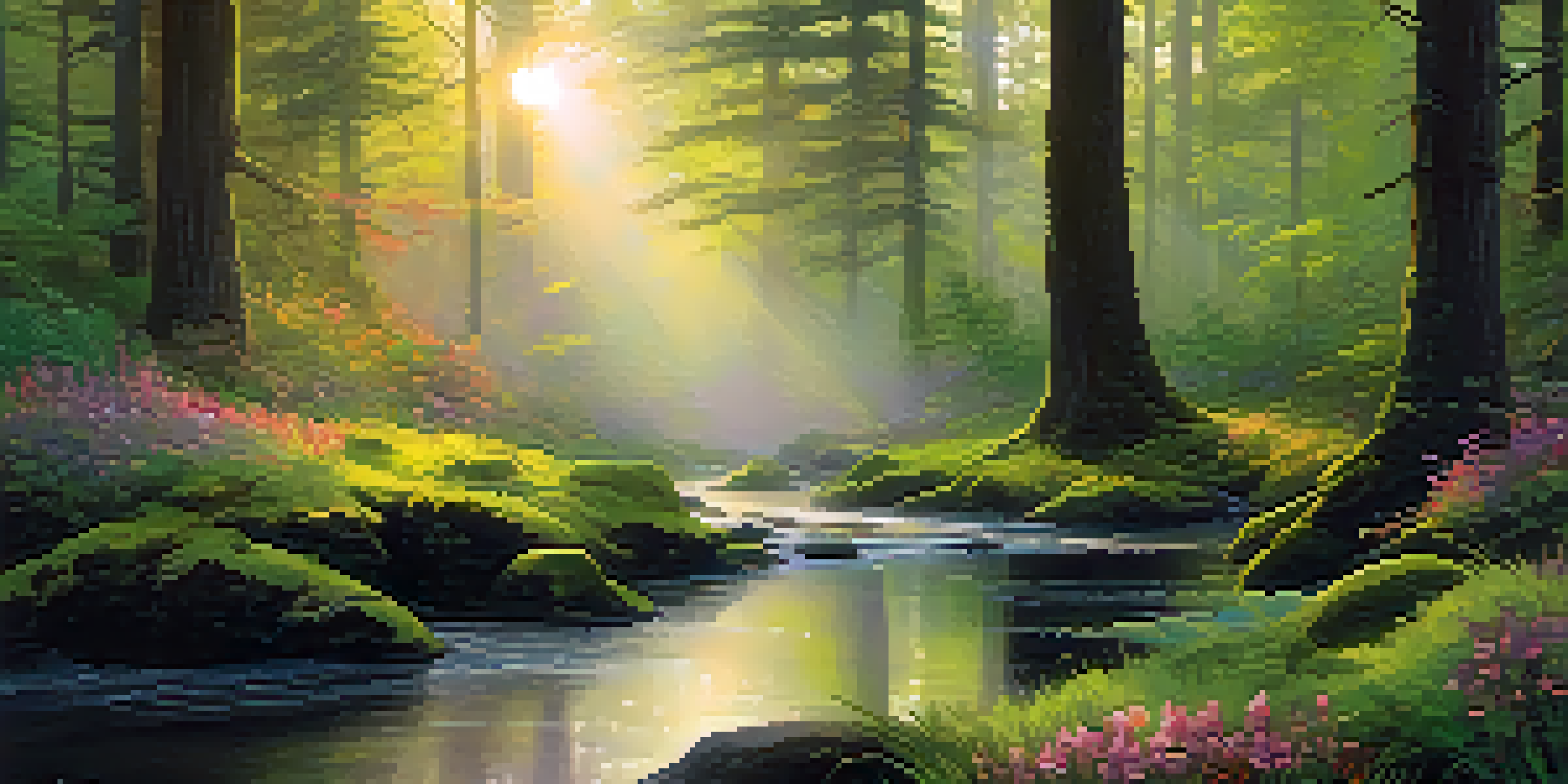 A peaceful forest during dawn with sunlight filtering through trees, moss on the ground, wildflowers, and a gentle stream.