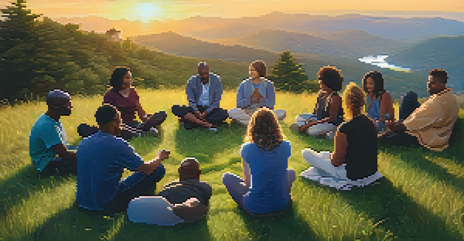 A diverse group of people sitting in a circle on a hillside during sunset, sharing personal experiences and emotions in a supportive environment.