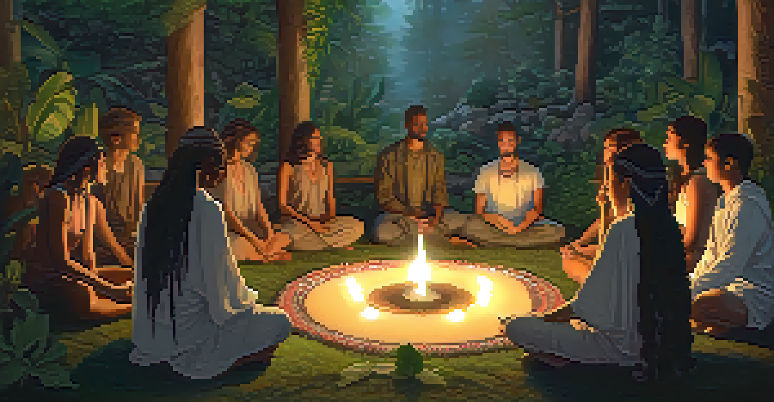 A group of diverse individuals in a candlelit circle, engaged in a sacred plant ceremony, with natural elements surrounding them.