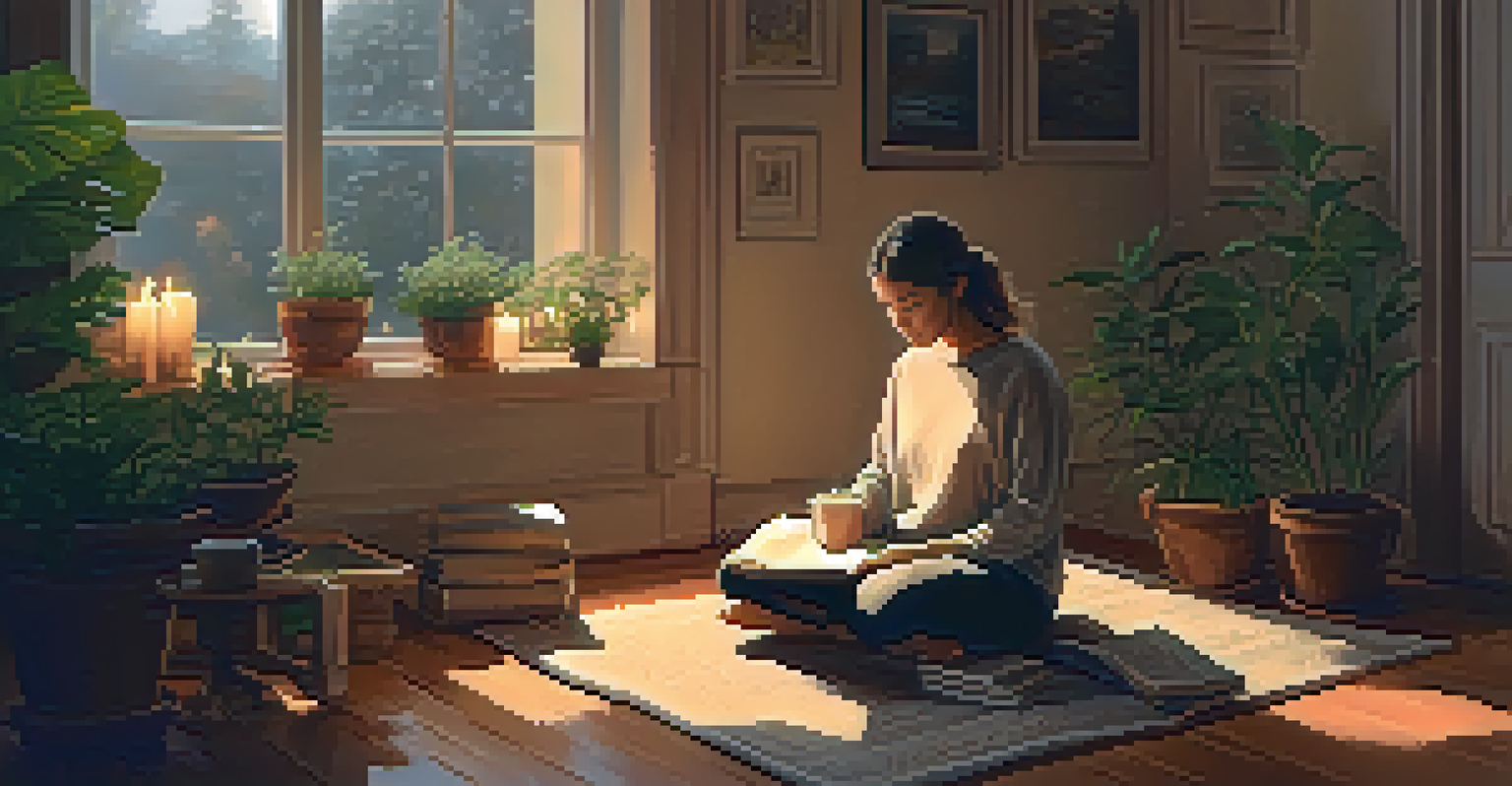 A person journaling in a cozy room with candles and plants, a cup of tea beside them, and rain visible through the window.
