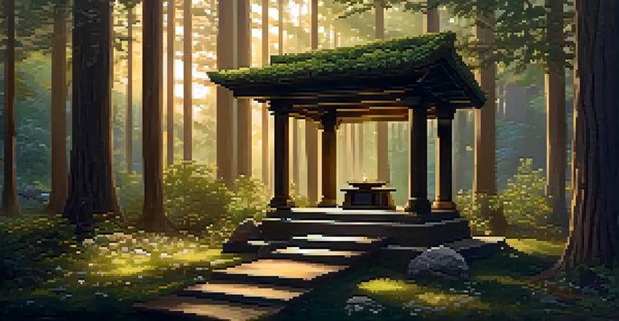 A peaceful forest with sunlight streaming through trees, featuring a wooden altar decorated with flowers and candles.