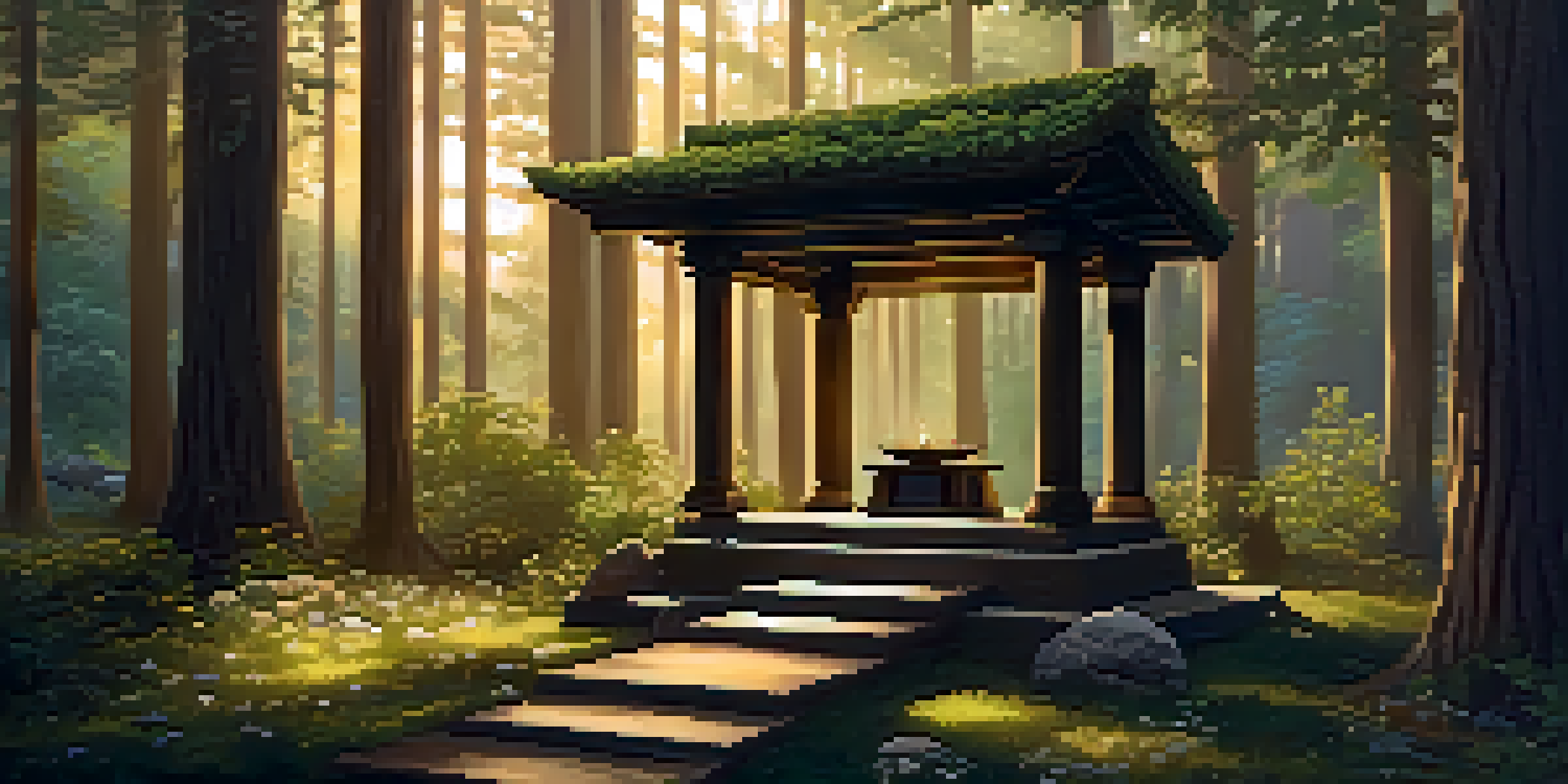 A peaceful forest with sunlight streaming through trees, featuring a wooden altar decorated with flowers and candles.