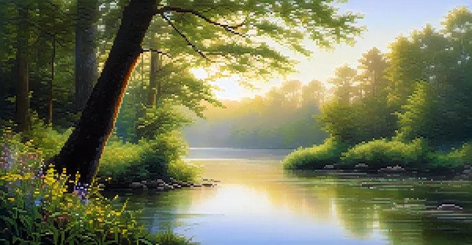A tranquil forest scene at sunrise, featuring soft golden light, lush green trees, a calm river, and blooming wildflowers, conveying a sense of peace and introspection.