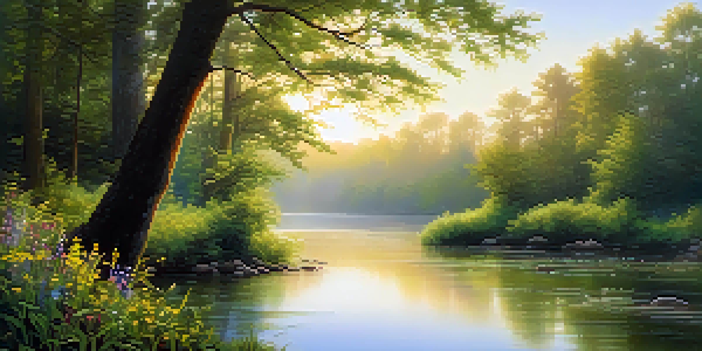 A tranquil forest scene at sunrise, featuring soft golden light, lush green trees, a calm river, and blooming wildflowers, conveying a sense of peace and introspection.