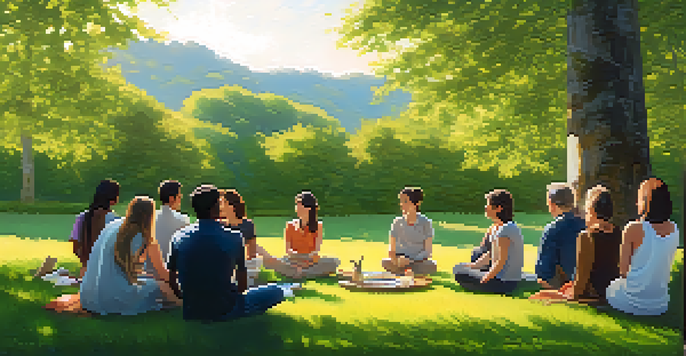 A diverse group of people sitting in a circle on a green meadow, discussing warmly under sunlight, with trees and spring flowers around them.