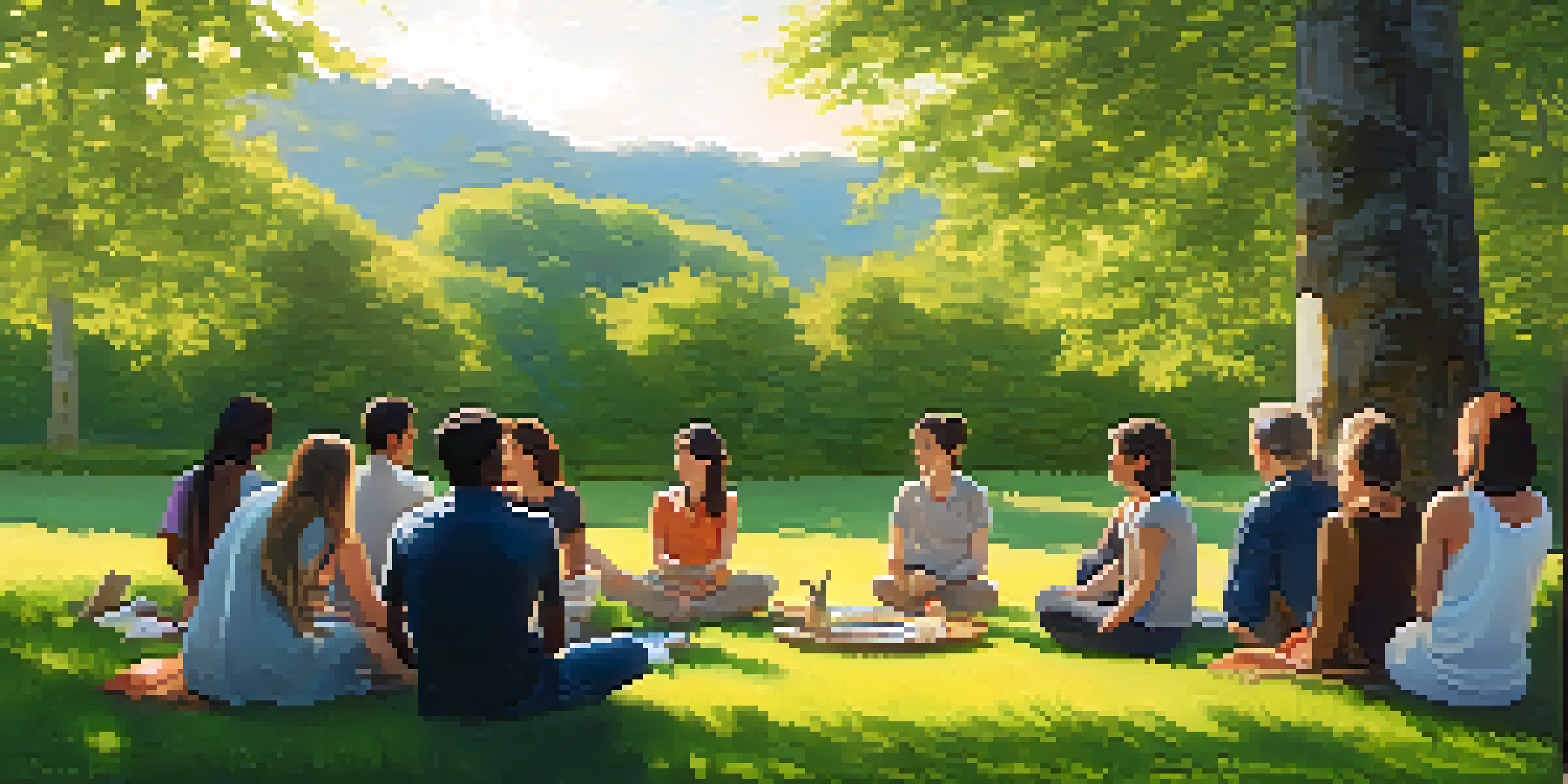 A diverse group of people sitting in a circle on a green meadow, discussing warmly under sunlight, with trees and spring flowers around them.