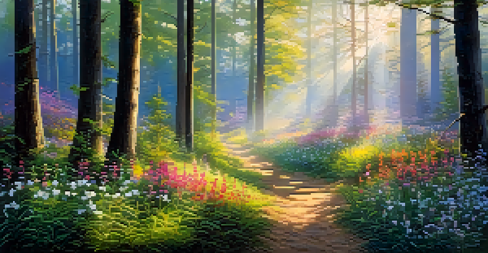 A tranquil forest at dawn with sunlight shining through trees and colorful wildflowers in the foreground.