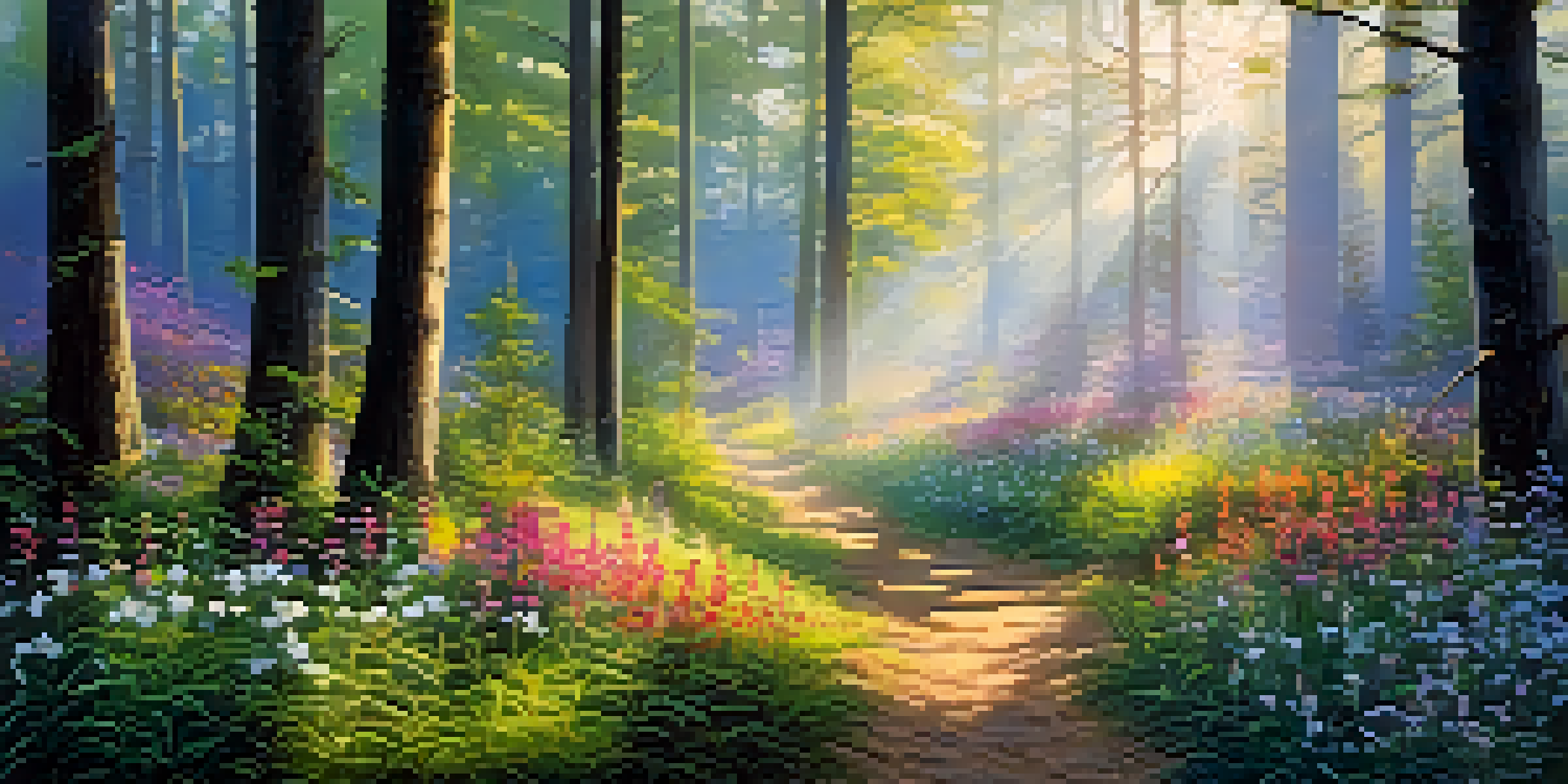 A tranquil forest at dawn with sunlight shining through trees and colorful wildflowers in the foreground.