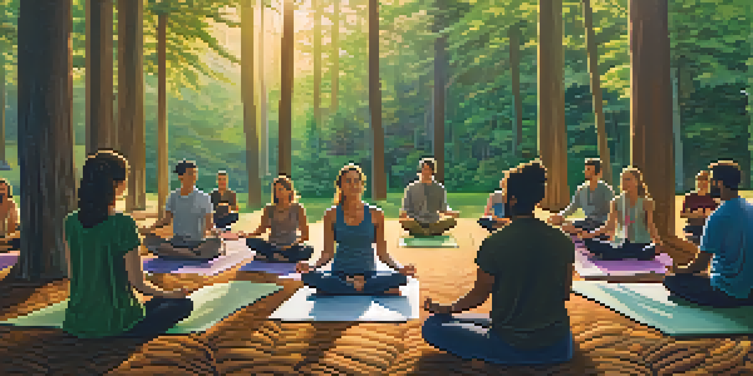 A tranquil forest scene at dawn with a group of people discussing supportively on yoga mats, surrounded by trees and soft sunlight.