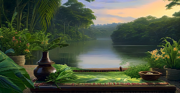 A tranquil scene depicting an Amazonian landscape with a river, lush greenery, and a traditional kuripe pipe surrounded by herbs and flowers.