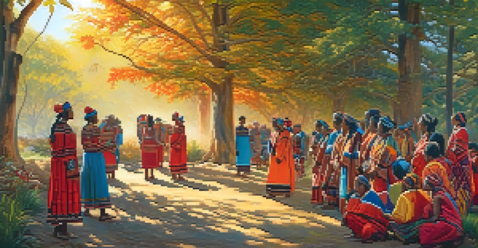 A vibrant indigenous community participating in a traditional ceremony surrounded by nature, with warm sunlight and colorful attire.
