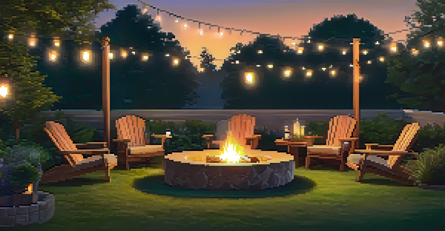 A cozy outdoor gathering area with seating around a fire pit, surrounded by greenery and fairy lights.